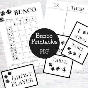 May include: Printable Bunco game scorecards with black and white dice illustrations. The scorecards include sections for "Name", "Wins", "Losses", "Baby Bunco", and a grid for tracking scores. The text "Bunco Printables PDF" is also included.