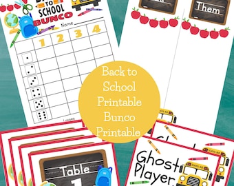 May include: Printable Back to School Bunco game sheets. Includes score sheets, table cards, and a ghost player card. The design features school buses, apples, pencils, and a globe. The main color scheme is white, yellow, red, and blue.
