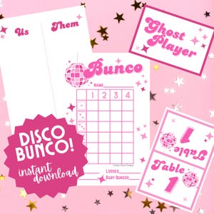 May include: Pink and white printable game cards for a disco themed bunco party. The cards include a scorecard, table number cards, and a "Ghost Player" card. The cards feature a disco ball graphic.