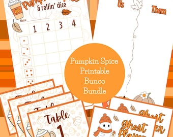 May include: A printable Bunco game bundle featuring autumn-themed scorecards and table signs. The sheets include text such as Pumpkin Spice & rollin' dice, Us, Them, Table 1, and Ghost Player, decorated with illustrations of pumpkins, leaves, and coffee cups.