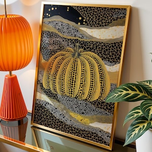Yayoi Kusama Art Style Pumpkin Framed Canvas Wall Art, Japanese Wall Art, Japanese Modern Yayoi Wall Art, Botanical Gallery Canvas Wall Art