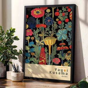 Yayoi Kusama Style Framed Poster Wall Art, Japanese Gallery Wall Art, Abstract Japanese Wall Art, Colorful Floral Botanical Canvas Wall Art