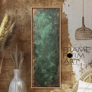 Vintage Green Abstract Framed Canvas Art: Long Narrow Vertical Wall Decor