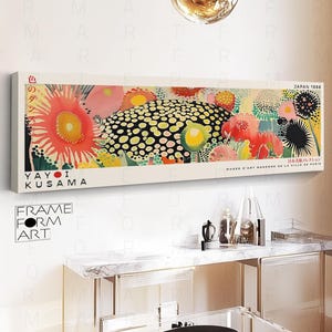 Póster panorámico enmarcado estilo Yayoi Kusama, arte mural de galería japonés, arte mural abstracto japonés, arte mural floral colorido, lienzo botánico