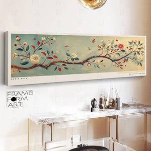 Panoramic Japanese Framed Canvas Tapestry, Minimalist Floral Pattern Large Wall Art, Panoramic Vintage Tapestry Wall Art, Framed Canvas Art