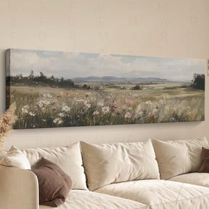 Framed Wildflower Field Canvas Print: Vintage Pastoral Landscape