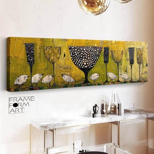 Moderne abstracte muurkunst vogels en kopjes uit het midden van de eeuw: panoramische woonkamerdecoratie
