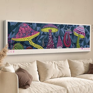 Panoramic Yayoi Kusama Style Framed Poster, Abstract Japanese Wall Art, Yayoi Kusama Inspired Abstract Mushrooms Wall Art, Modern Museum Art