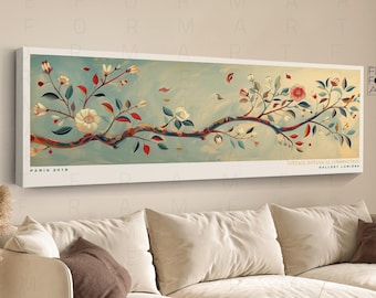 Panoramic Japanese Floral Tapestry: Minimalist Framed Canvas Wall Art