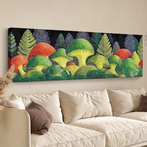 Panoramic Yayoi Kusama Style Mushroom Forest Poster, Japanese Gallery Wall Art, Abstract Japanese Wall Art, Kusama Wall Art Above Bed Decor