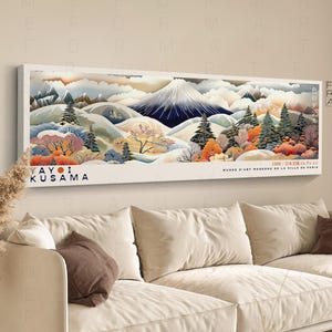 Panoramic Yayoi Kusama Style Framed Poster, Japanese Winter Mountain Wall Art, Abstract Japanese Wall Art, Kusama Wall Art Above Bed Decor
