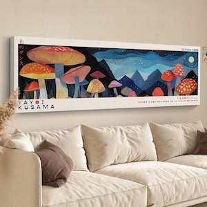 Panoramic Japanese Abstract Canvas Wall Art, Yayoi Kusama Inspired Mushroom Forest Midnight Landscape Japandi Gallery Framed Canvas Wall Art