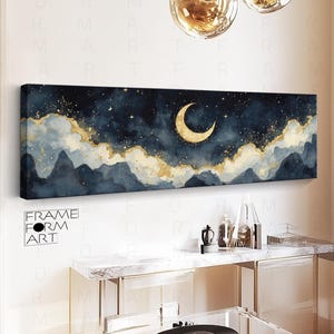 Starry Night Canvas, Crescent Moon Gilded Sky Wall Art, Panoramic Night Sky Print, New Moon Energy Wall Art, Impressionist Cloud Painting