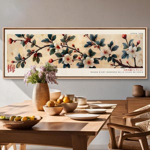 Panoramic Japanese Framed Canvas Tapestry, Minimalist Floral Pattern Large Wall Art, Panoramic Vintage Tapestry Wall Art, Framed Canvas Art