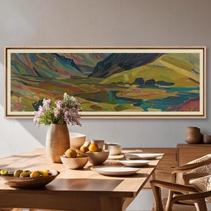 Panoramic Midcentury Western Village Landscape, Vintage Oil Painting Midcentury Art, Pastel Tones Retro Wall Art Panoramic Western Landscape