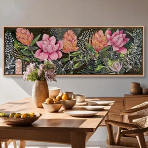 Horizontal Abstract Framed Canvas Large Wall Art, Colorful Floral Pattern Wall Art, Pink Floral Tapestry Wall Art, Panoramic Above Bed Decor