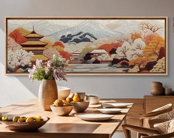 Embroidery Art Style Japanese Landscape Canvas Print, Panoramic Minimalist Japanese Wall Art, Framed Canvas Panoramic Wall Art Ready to Hang