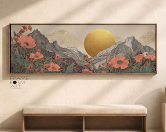 May include: A panoramic rectangular wall art piece featuring a landscape with a large golden sun, grey mountain silhouettes, and vibrant coral-colored flowers. The artwork is enclosed in a thin wooden frame and displays the text FRAME FORM ART.