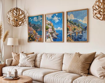 Amalfi Coast Print Set: Italy Coastal Village Art, Minimalist Oil Painting