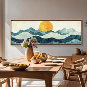 Tela incorniciata, minimalista, lungo, orizzontale, mare, sole, onde, arte lineare, estate, spiaggia, poster pronto da appendere, arte murale panoramica, decorazione da sopra il letto