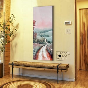 Aquarell Landschaft Wandkunst, Serene Pathway Design, gerahmte Leinwand, Gallery Wrap, gerahmtes Poster, Pastelltöne Wand-Dekor, pastorale Wandkunst
