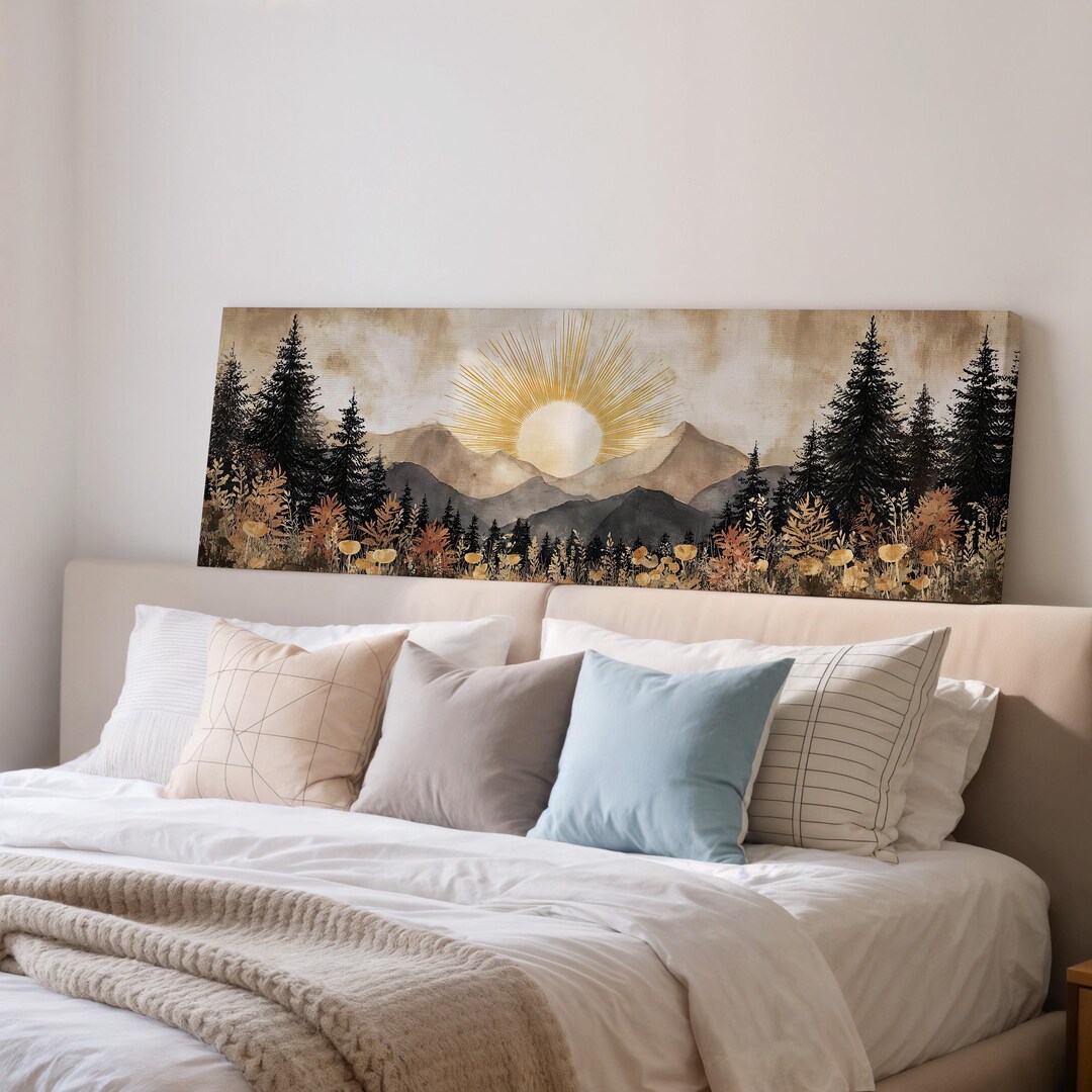 Boho Mountain Sunrise Wall Art in Neutral Rustic Tones - Etsy
