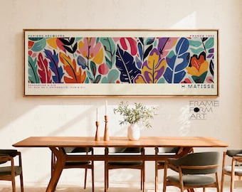 May include: A horizontal framed art print titled Papiers Découpés by H. Matisse, featuring a vibrant, abstract botanical pattern with colorful leaves and floral shapes in shades of blue, yellow, pink, and orange on a cream background.