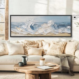 Panoramic Blue Ocean Wave Oil Painting Framed Canvas Wall Art, Serene Canvas Art, Minimalist Living Room Wall Art, Contemporary Wall Decor