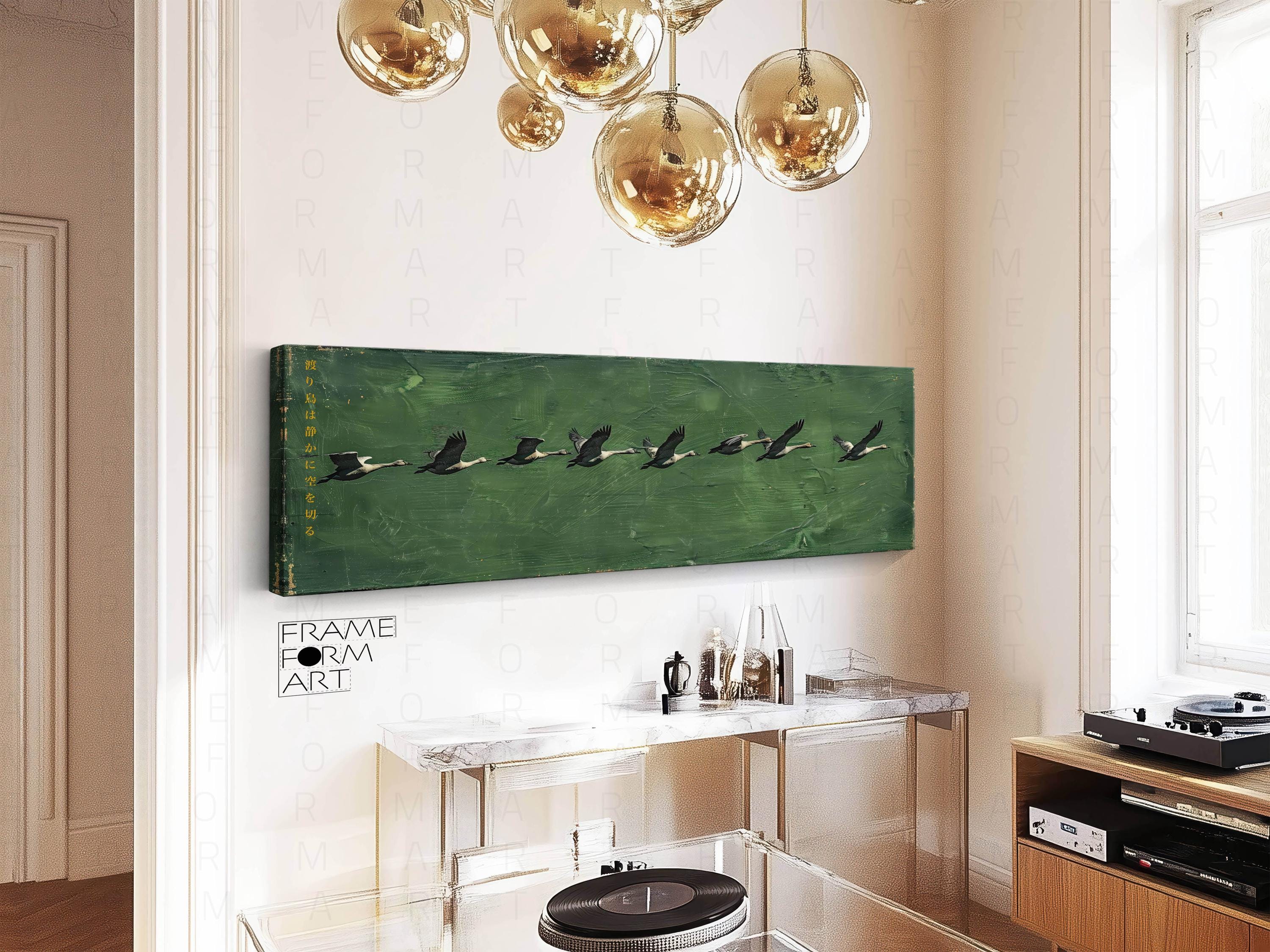 Panoramic Japanese Bird Wall Art Flying Geese Minimal Poster Green Wabi Sabi Aesthetic Decor Framed Poster Japanese Wall Art Above Bed Decor