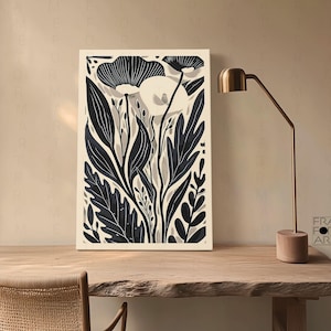 Framed Canvas Wall Art, Abstract Floral Botanical Print, Minimalist Modern Art Boho Wall Decor, Floral Artwork Modern Decor for Living Room