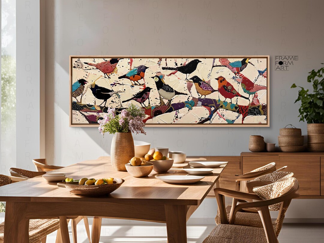 Abstract Bird Collage Wall Art, Modern Folk Style Colorful Horizontal ...