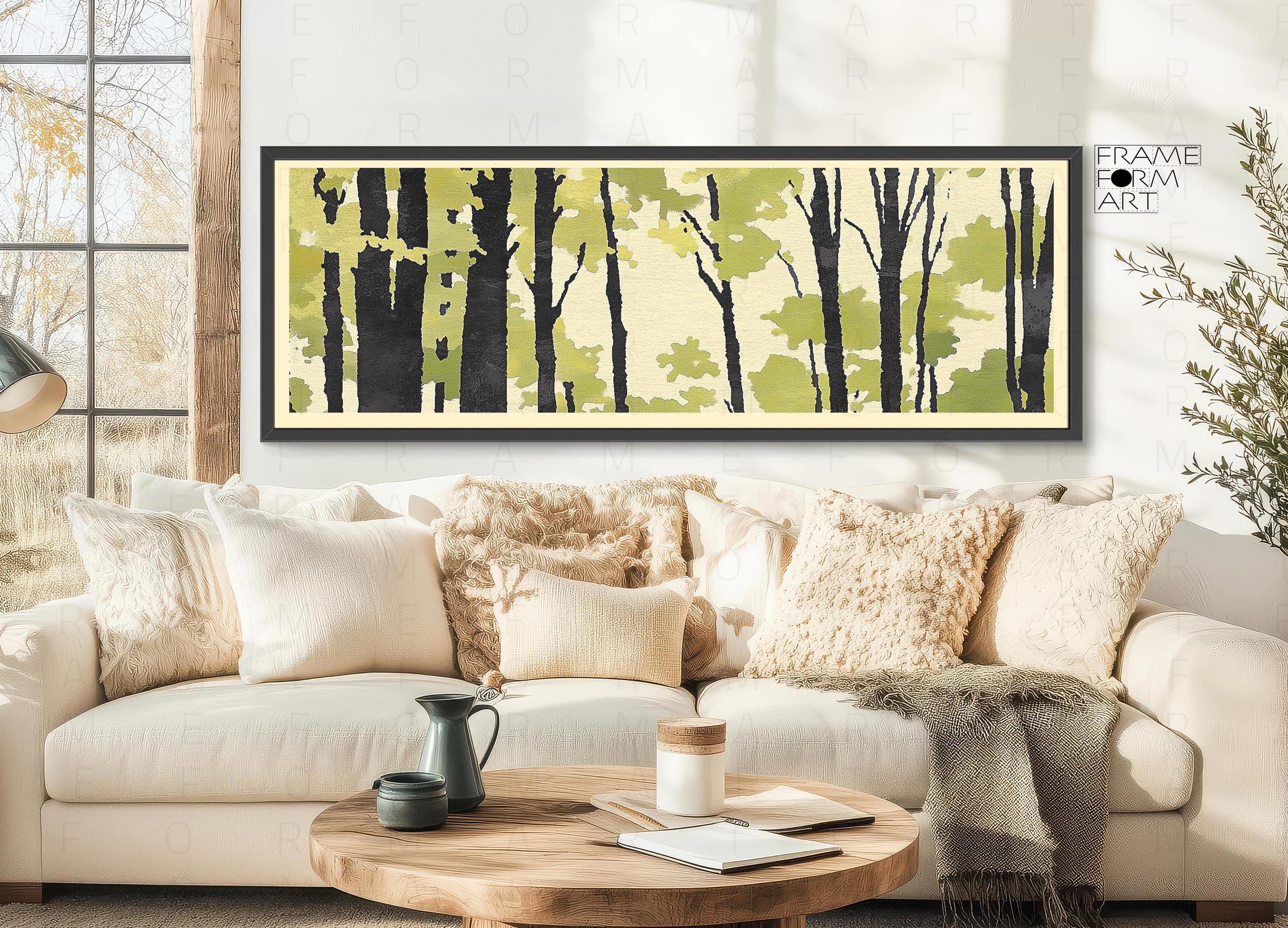 Panoramic Abstract Forest Framed Canvas Wall Art, Peaceful Minimalist Landscape, Watercolor Effect Bright Green Trees Calm Nature Wall Art