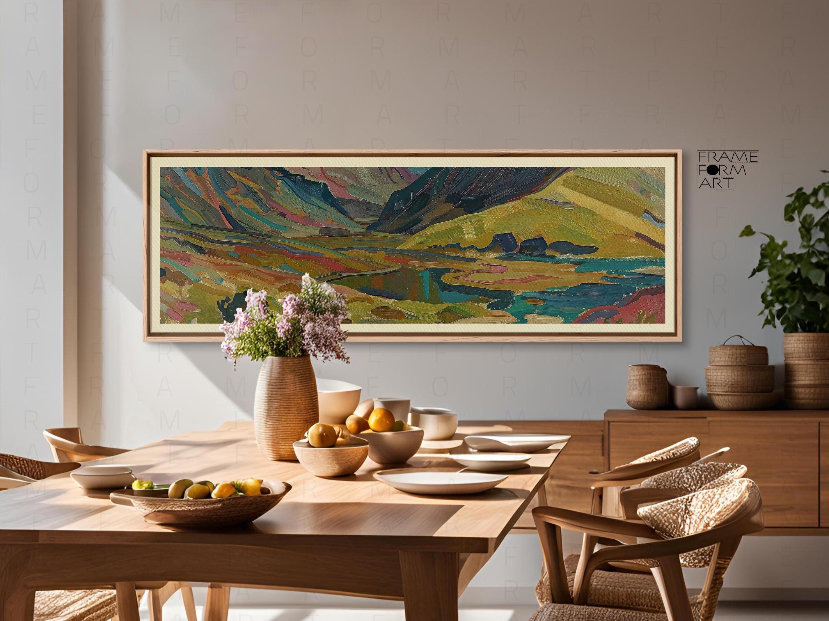 Paisaje de pueblo del Oeste de mediados de siglo: pintura al óleo vintage, arte mural retro