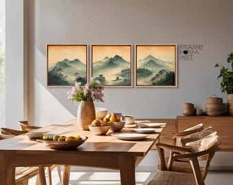 Japanese Mountain Landscape Canvas Print Set: Minimalist Watercolor Wall Art