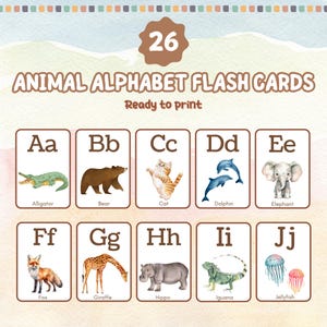 26 Cute Printable Animal Alphabet Flash Cards, Learn ABCs, Classroom Decor, Nursery Decor, Watercolor Animal Alphabet, Preschool Learning
