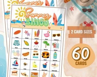 60 Summer Bingo Cards, Summer theme bingo, Summer Activity for kids, Printable Bingo, Bingo Cards, Fun Summer Games, Summer Printable Games