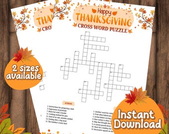 Puede incluir: Dos hojas blancas con un crucigrama de Acción de Gracias, con el texto "Happy Thanksgiving Cross Word Puzzle". Las hojas tienen un tema otoñal con hojas naranjas y marrones. La imagen también dice "2 tamaños disponibles" y "Descarga instantánea".