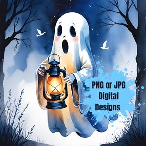Cute and Spooky Ghost Digital Downloads-Set of 8 High Quality Designs-Wall Art,Stickers,Scrapbook & Paper Crafts- Watercolor Digital Designs