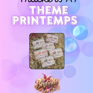 Puede incluir: Imagen de trackers A7 con temática de primavera. Los trackers rectangulares presentan diseños florales y de mariposas. El texto "Trackers A7 THEME PRINTEMPS" está en la parte superior y el nombre de la marca "Baylinda" en la parte inferior.