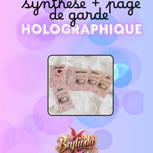 Peut inclure: Un tracker A6 rose et blanc avec le texte "Tracker A6 + synthese + page de garde HOLOGRAPHIQUE". Le tracker comprend des cartes avec des illustrations et du texte tels que "Epargnes", "Assurances", "Factures" et "Noel". Le logo "Baylinda" est en bas.