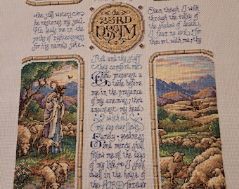 PSALM 23 Finished Completed Ready to Frame Cross Stitch - Jesus - Inspirational - Scripture - Religious - Shepherd and Sheep