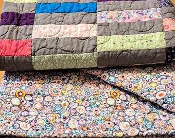 Multi Color QUILT FOR SALE - Scrap Quilt - Pink Grey Green Yellow Blue - Throw Size Quilt