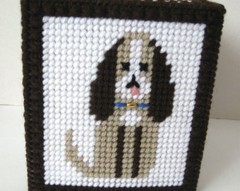 Plastic Canvas Tan and Brown Dog Tissue Box Cover, Needlepoint Tan and Brown Puppy Dog Tissue Box Cover, Free Shipping