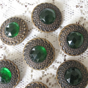 Seven (7) Green Faceted Glass Buttons on Metal Backs with Loop Shanks - Vintage Green Glass Buttons - Green Glass Buttons - Free Shipping
