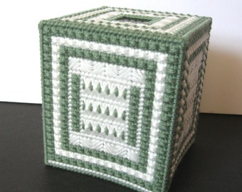 Sage Green/White Plastic Canvas Tissue Box Cover, Sage Green and White Tissue Box Cover, Needlepoint Tissue Box Cover, Free Shipping