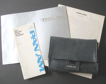 Lot of Four (4) Vintage Pan Am Items, Pan Am Toiletries Kit, Pan Am Daily Memos Pad, Pan Am Travel Privileges Pamphlet, Pan Am Wine and Menu