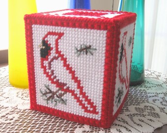 Cardinal Tissue Box Cover, Cardinal Needlepoint Tissue Box Cover, Cardinal Plastic Canvas Tissue Box Cover, Free Shipping