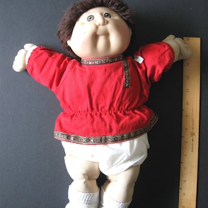 Vintage Cabbage Patch Kid with Brown Hair and Brown Eyes - Cabbage Patch Kid with Red Shirt and White Socks and Diaper - Cabbage Patch Doll