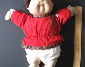 Vintage Cabbage Patch Kid Doll with Brown Hair and Brown Eyes, Cabbage Patch Kid with Red Shirt and White Socks and Diaper