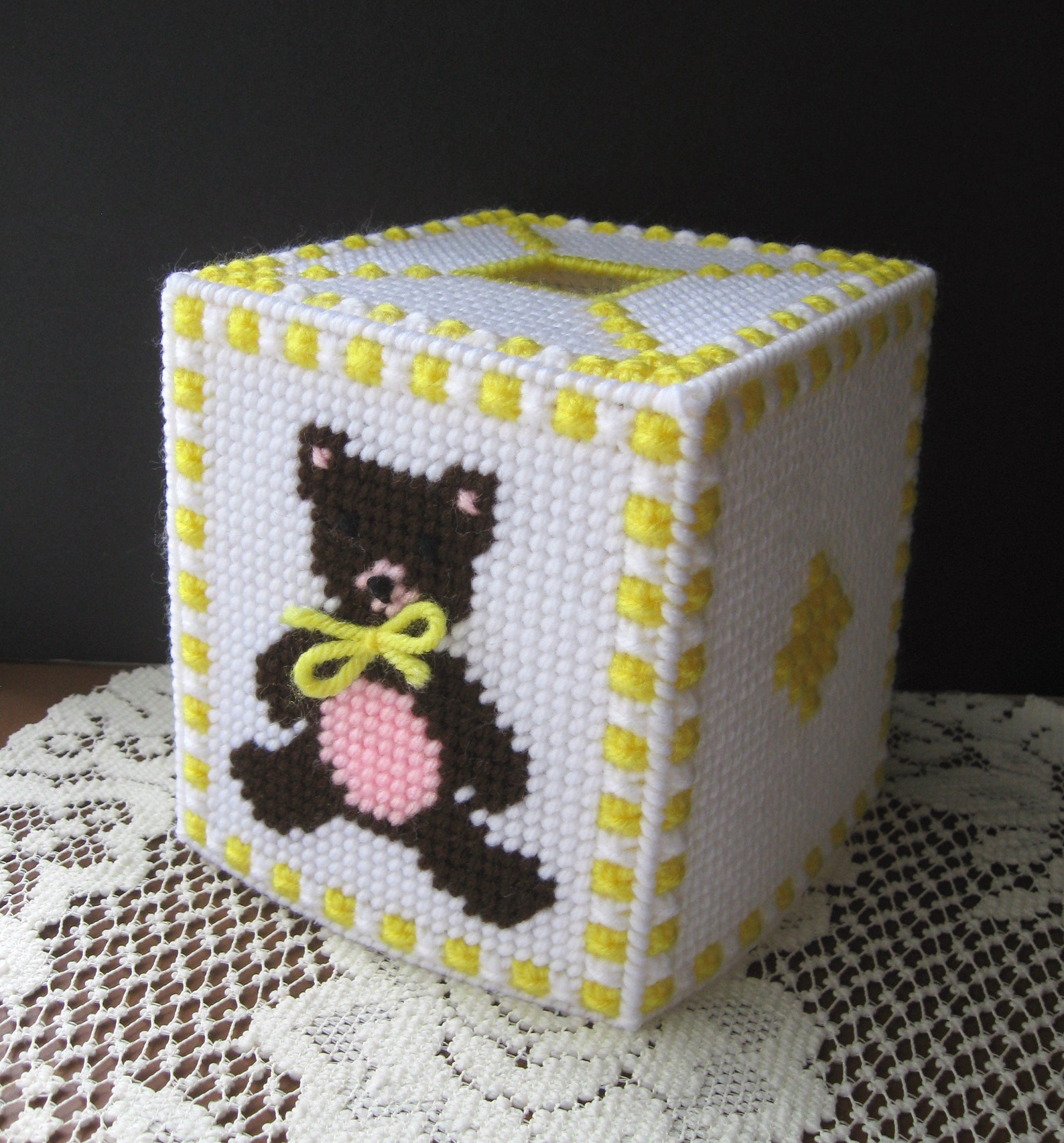Brown Teddy Bear Plastic Canvas Needlepoint Tissue Box Cover Etsy